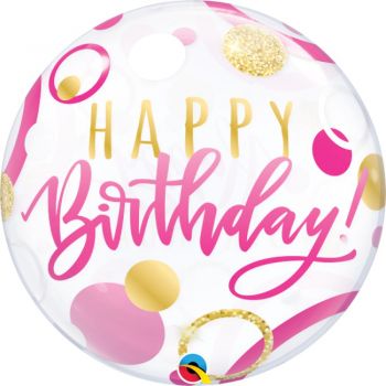 Bubble Ballon Happy Birthday mit pinken und goldenen Punkten